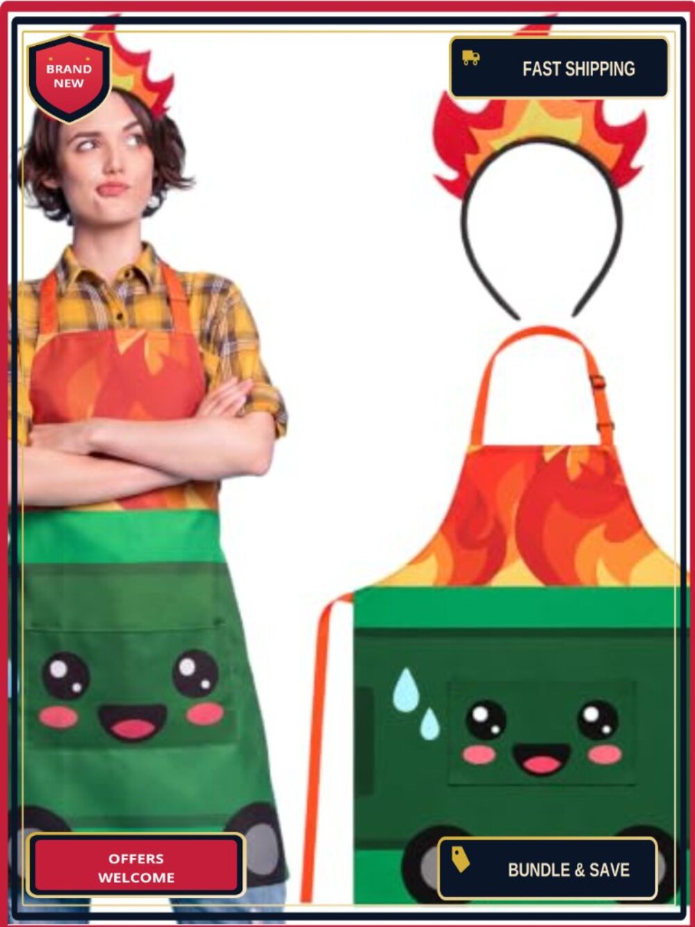 Dumpster Fire Halloween Costume Adult Apron with Flame Headband Cosplay